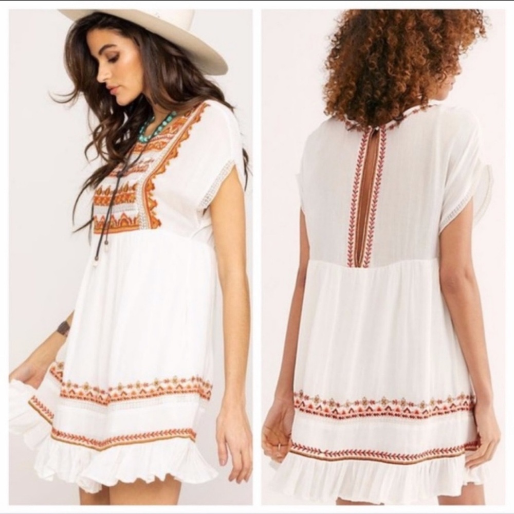 Free People Sunrise Wanderer Mini Dress Multi Embroidery Ruffle Boho Summer Sz M